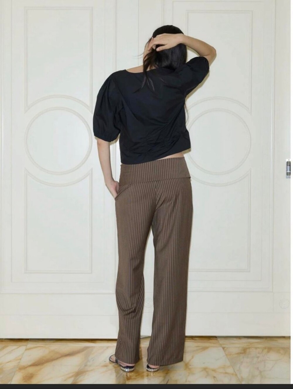 Wide-Leg Pinstripe Trousers in Brown - Picture 2 of 5